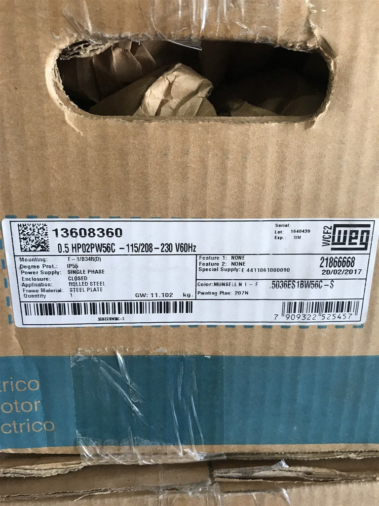 WEG 13608360 .5036ES1BW56C-S MOTOR .5HP 115/208-230V 1PH
