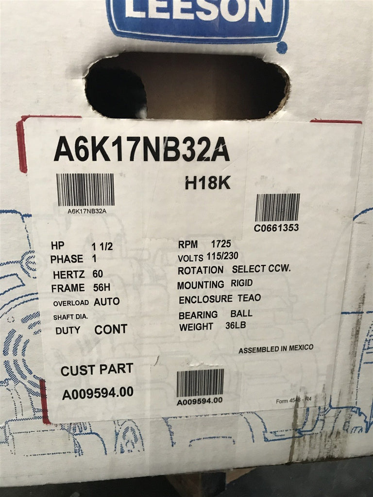 LEESON A009594.00 MOTOR 1 1/2HP 1725RPM 115/230V 1PH