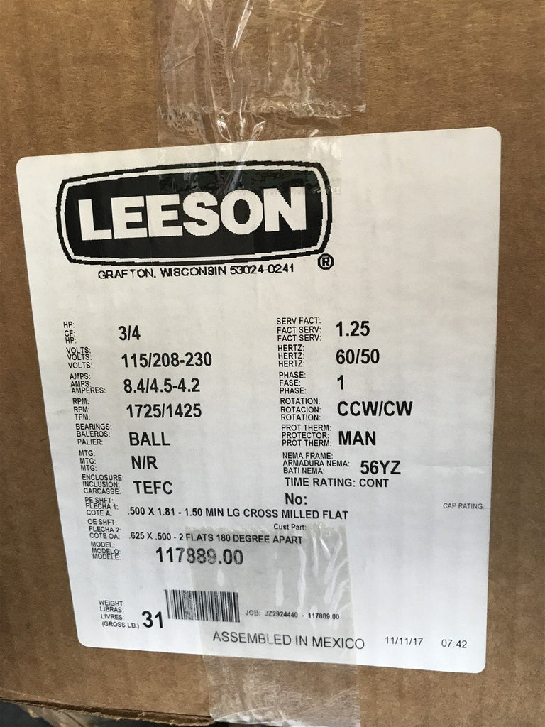 LEESON 117889.00 MOTOR 3/4HP 115/208-230V 1725/1425RPM 1PH
