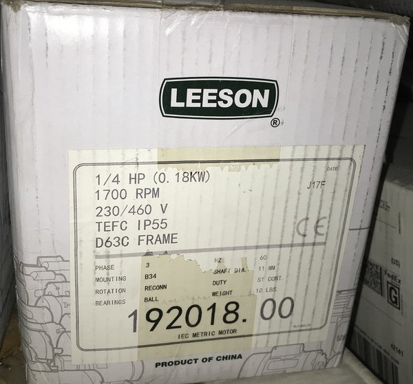 LEESON 192018.00 1/4HP .18KW 1700/1380RPM 230/460V 3PH – BME Bearings ...
