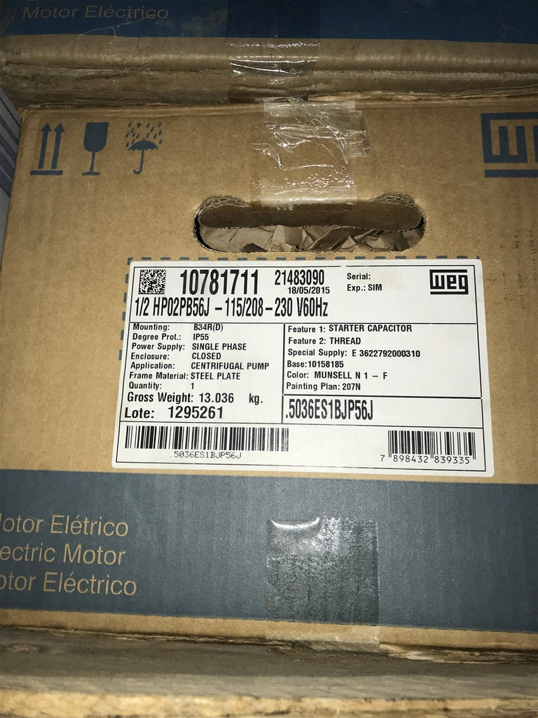 WEG Pump Start Capac .5036ES1BJPW56J-S 10781711 0.5 HP 2P 1Ph 115/208-230V 60Hz