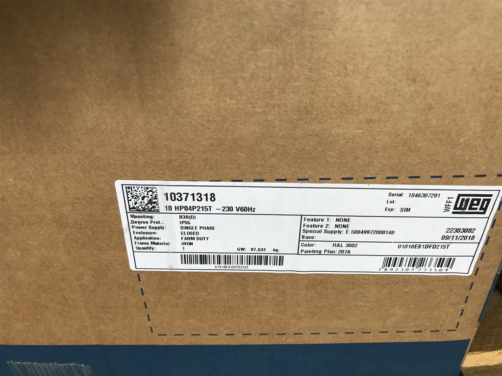 WEG 01018ES1DFD215T 10371318 10 HP 4P 215T 1Ph 230 V 60 Hz