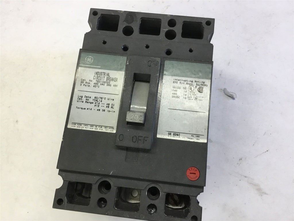 GE TED134020 20 AMP CIRCUIT BREAKER 480 VAC 3 POLE