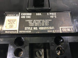 WESTINGHOUSE EHB3060 60 AMP 3 POLE CIRCUIT BREAKER 480 VAC