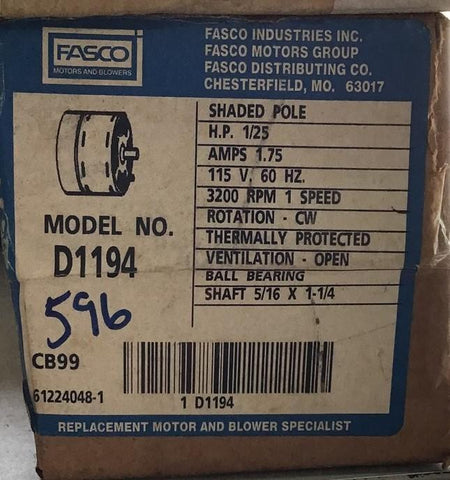 FASCO D1194 MOTOR 1/25 HP SPLIT PHASE 3200 RPM 115V