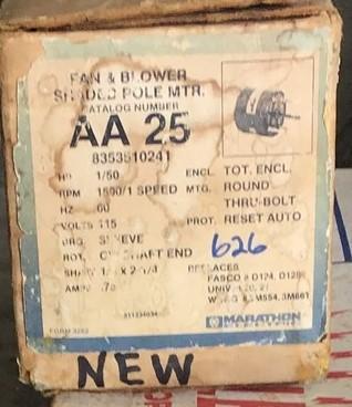 MARATHON AA25 MOTOR 1/50 HP 1500 RPM 1 SPD 115V 60 HZ TOT ENC