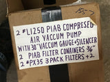 LOT OF 2--PIAB L1250 COMPRESSED AIR VACCUM PUMP W/ 30" VACCUM GAUGE AND FILTERS