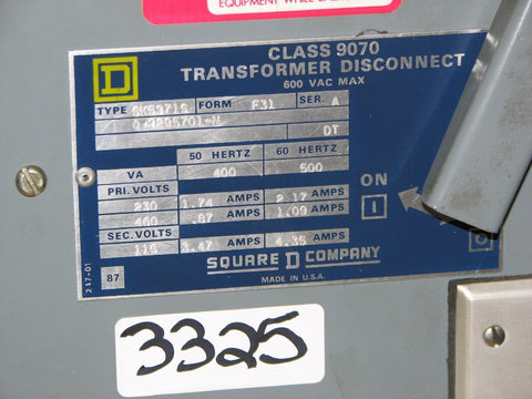 Square D Class 9070 Transformer Disconnect Type: Sk5271S Form: F31 Ser. A 600Vac