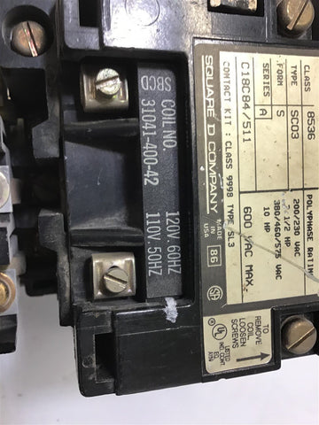 SQUARE D 8536 SC03 NEMA SIZE 1 STARTER 460 V @10 HP 120 VOLT COIL