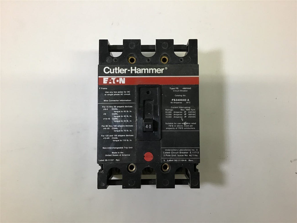 EATON CUTLER-HAMMER FS340040 A 480 VAC 3 POLE CIRCUIT BREAKER 40 AMP