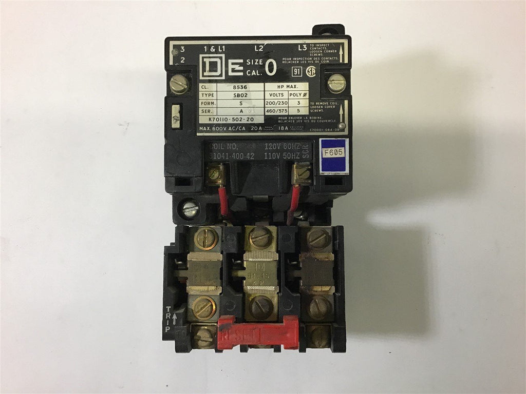 SQUARE D 8536 SB02 NEMA SIZE 0 STARTER 5 HP 460 VOLTS, 120 VOLT COIL STARTER