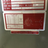 Tierney 75 KVA Transformer 480 Pri 208/120 Sec Volts 3 Phase