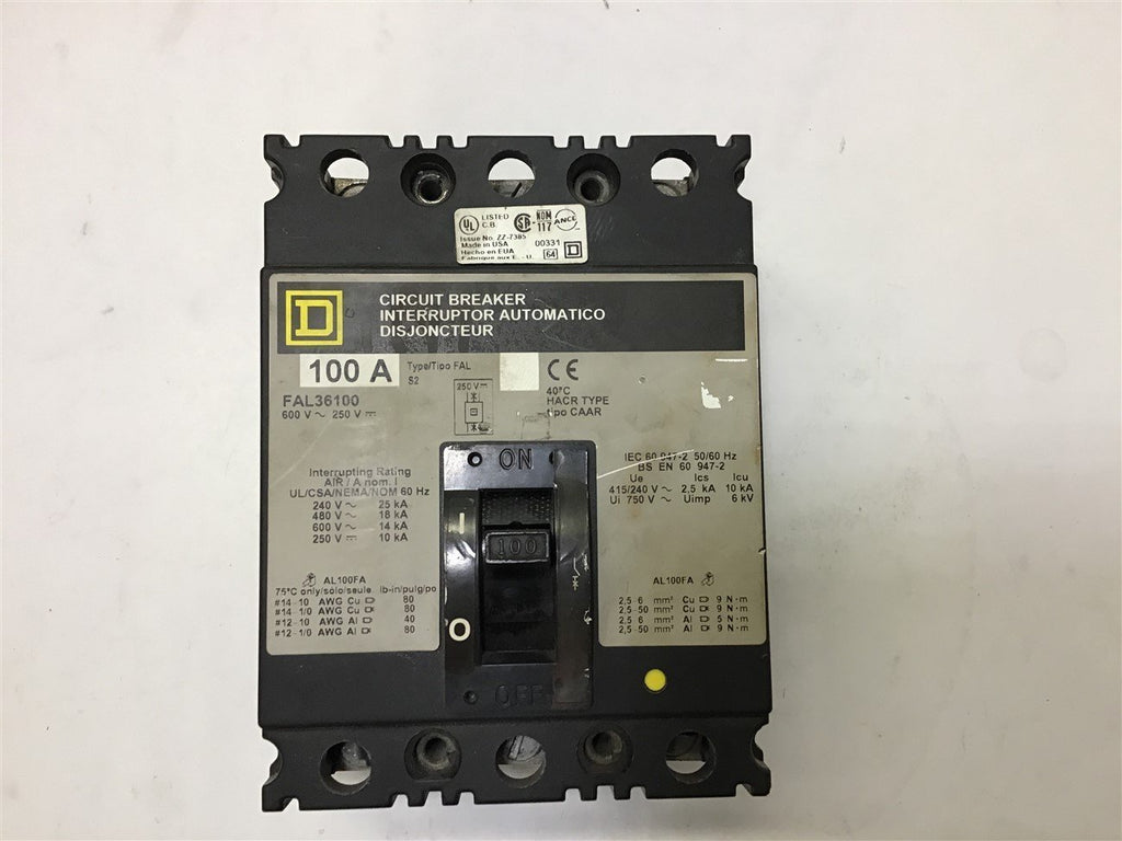Square D FAL36100 Circuit Breaker 100A 600V 250V